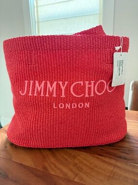 Jimmy Choo Raffia Shopping/Beach Bag w/Lettering On Front (Paprika/Candy Pink)
